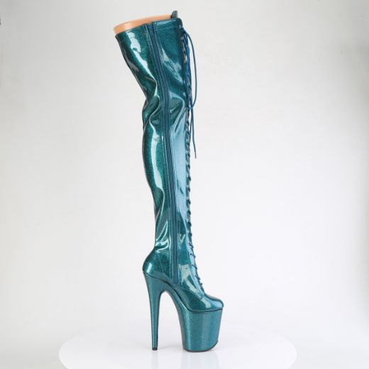 Product image of Pleaser FLAMINGO-3020GP Teal Glitter Pat/M 8 Inch Heel 4 Inch PF Lace-Up Stretch Thigh Boot Side Zip