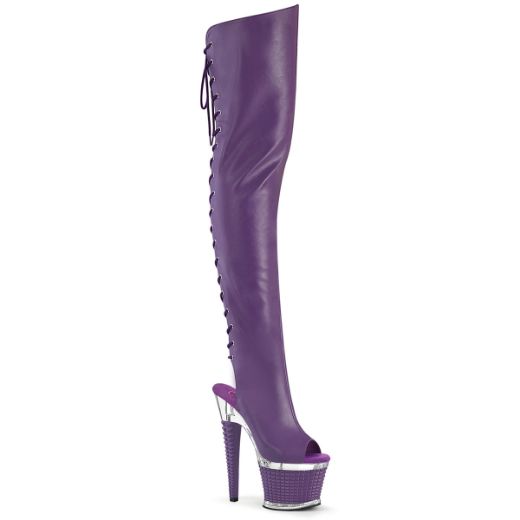 Product image of Pleaser SPECTATOR-3030 Purple Faux Leather/Clr-Purple Matt 7 Inch Heel 3 Inch Textured PF Lace-Up Back Thigh Boot Side Zip