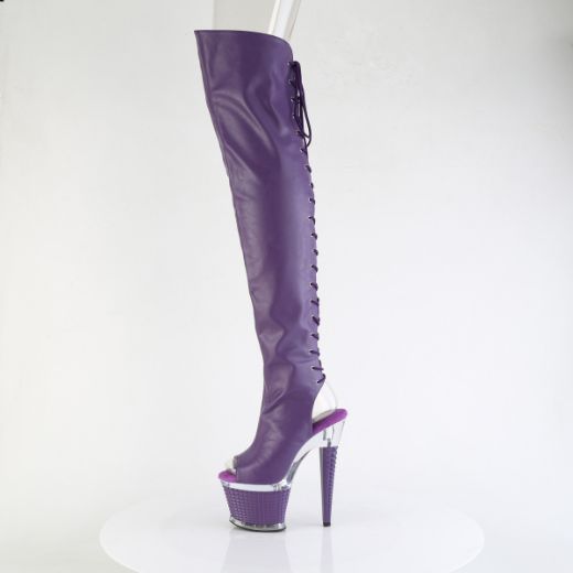 Product image of Pleaser SPECTATOR-3030 Purple Faux Leather/Clr-Purple Matt 7 Inch Heel 3 Inch Textured PF Lace-Up Back Thigh Boot Side Zip