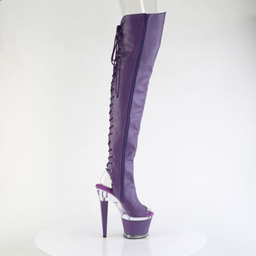 Product image of Pleaser SPECTATOR-3030 Purple Faux Leather/Clr-Purple Matt 7 Inch Heel 3 Inch Textured PF Lace-Up Back Thigh Boot Side Zip
