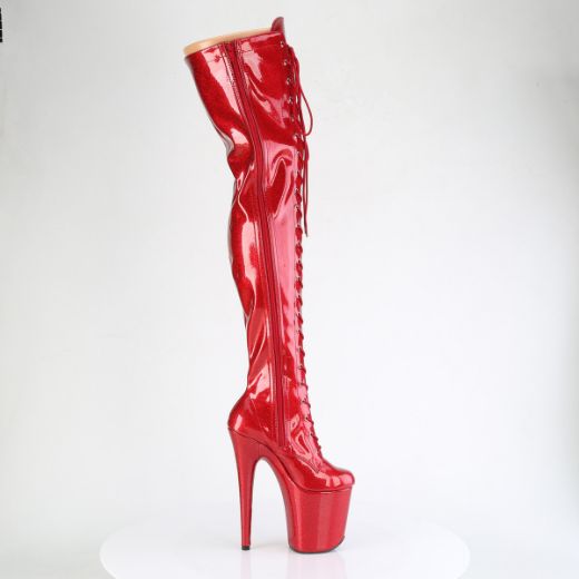 Product image of Pleaser FLAMINGO-3020GP Red Glitter Pat/M 8 Inch Heel 4 Inch PF Lace-Up Stretch Thigh Boot Side Zip
