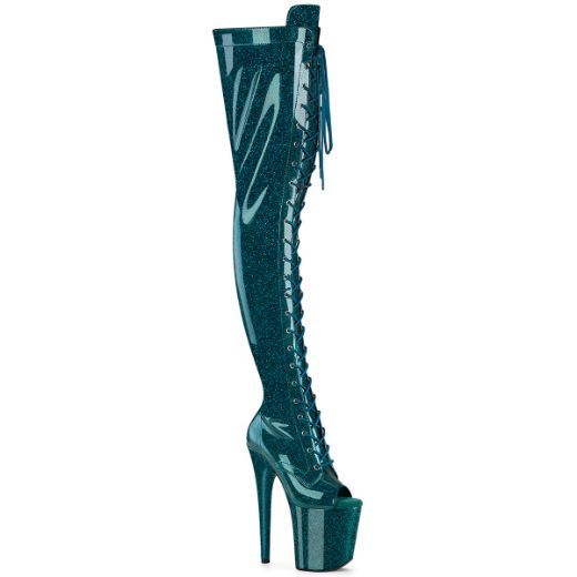 Product image of Pleaser FLAMINGO-3021GP Teal Glitter Pat/M 8 Inch Heel 4 Inch PF Peep Toe Lace-Up Thigh Boot Side Zip