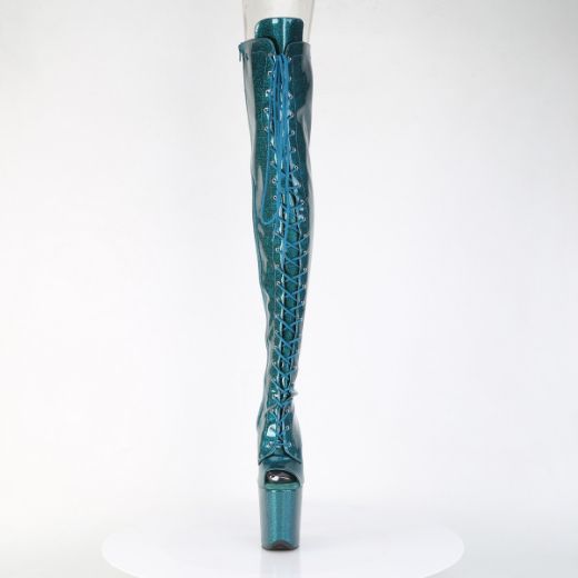 Product image of Pleaser FLAMINGO-3021GP Teal Glitter Pat/M 8 Inch Heel 4 Inch PF Peep Toe Lace-Up Thigh Boot Side Zip