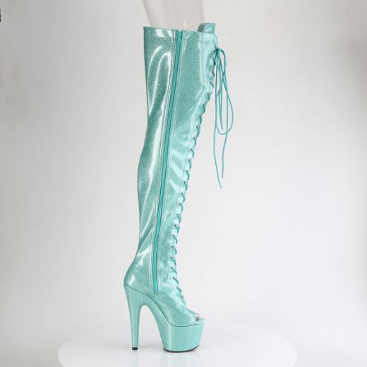 Product image of Pleaser ADORE-3021GP Aqua Glitter Pat/M 7 Inch Heel 2 3/4 Inch PF Peep Toe Lace-Up Thigh Boot Side Zip