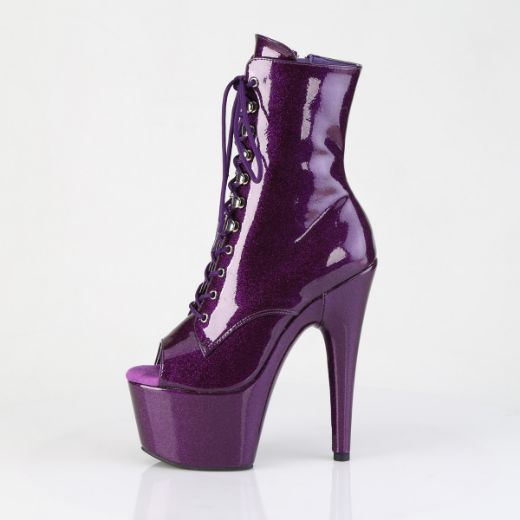 Product image of Pleaser ADORE-1021GP Purple Glitter Pat/M 7 Inch Heel 2 3/4 Inch PF Peep Toe Lace-Up Ankle Boot Side Zip