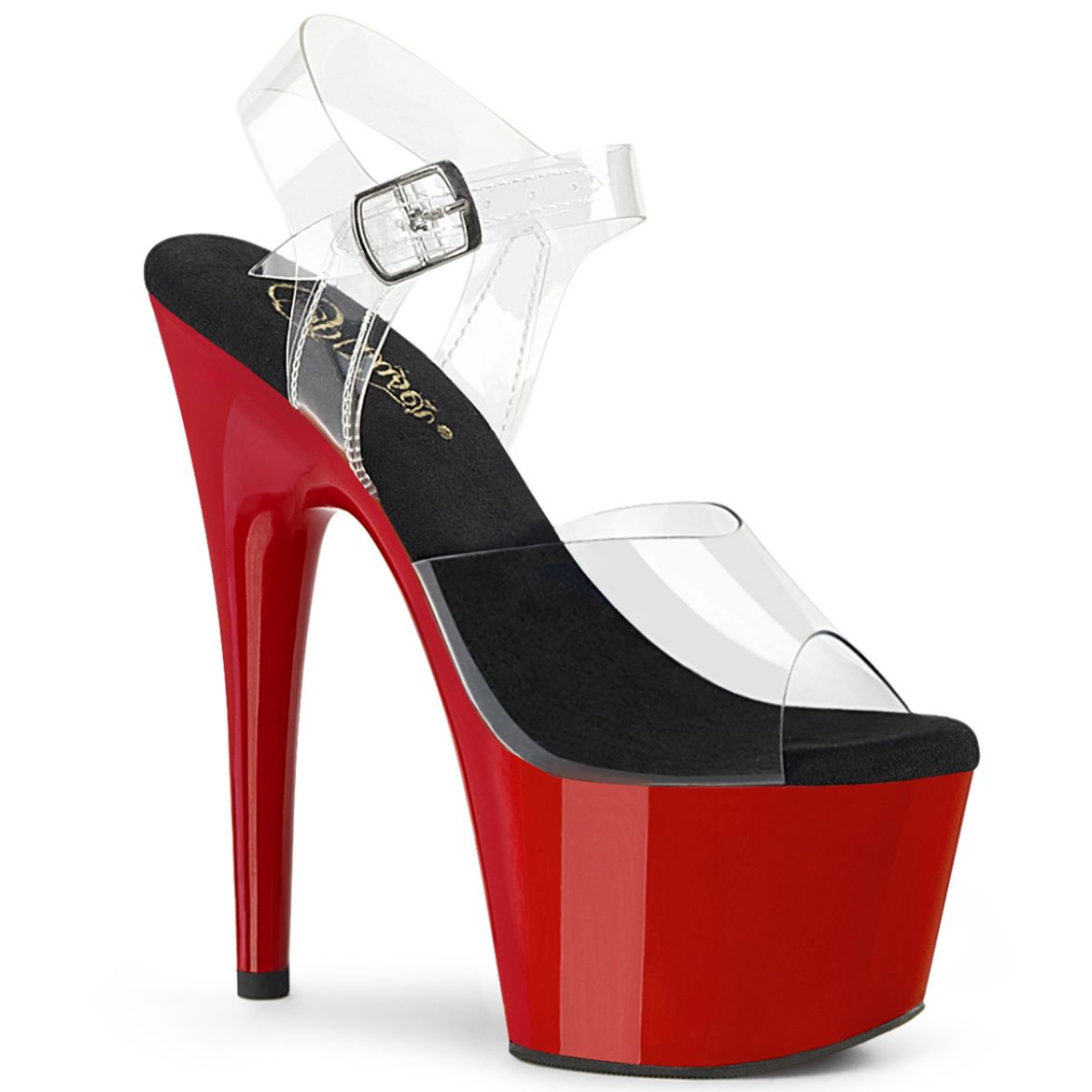 Product image of Pleaser ADORE-708 Clr-Blk/Red 7 Inch Heel 2 3/4 Inch PF Ankle Strap Sandal