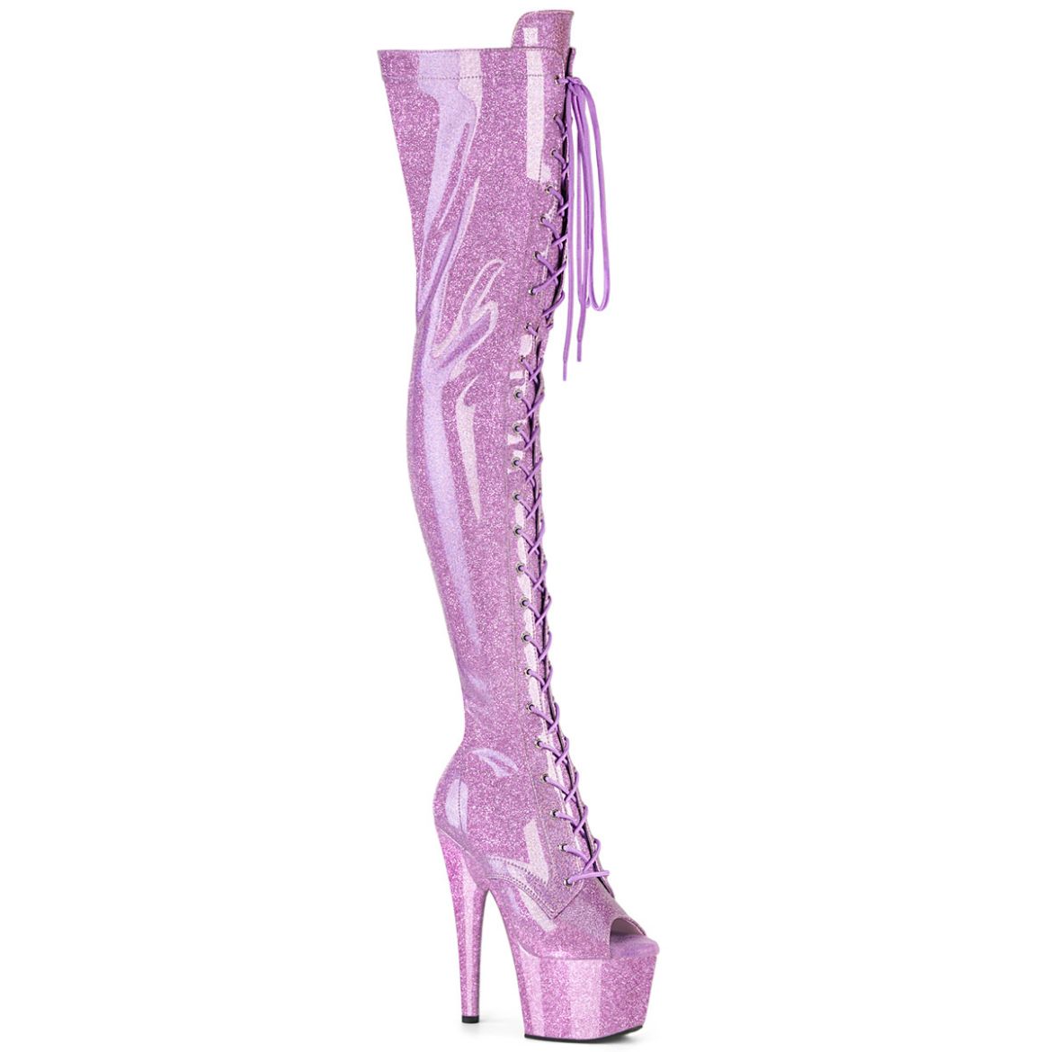 Product image of Pleaser ADORE-3021GP Lilac Glitter Pat/M 7 Inch Heel 2 3/4 Inch PF Peep Toe Lace-Up Thigh Boot Side Zip