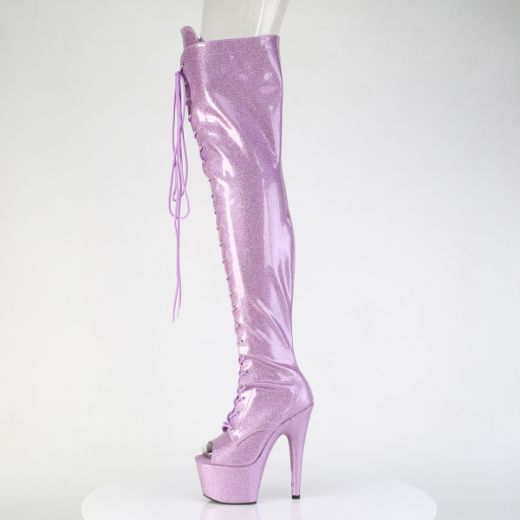 Product image of Pleaser ADORE-3021GP Lilac Glitter Pat/M 7 Inch Heel 2 3/4 Inch PF Peep Toe Lace-Up Thigh Boot Side Zip