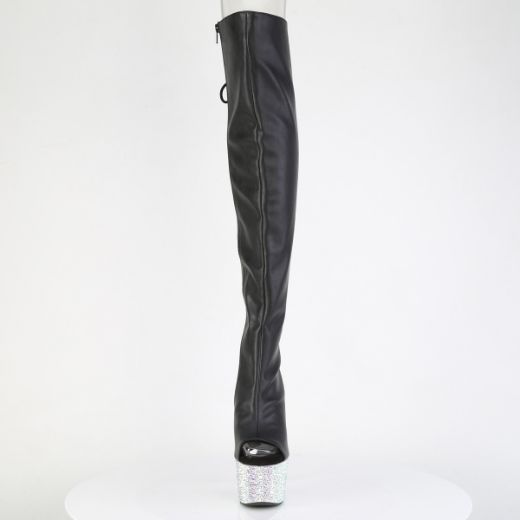Product image of Pleaser BEJEWELED-3019MS-7 Blk Faux Leather/Slv AB RS 7 Inch Heel 2 3/4 Inch PF Open Toe/Back Over-The-Knee Boot w/RS