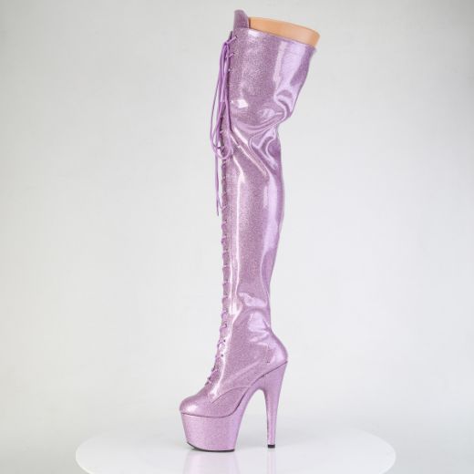 Product image of Pleaser ADORE-3020GP Lilac Glitter Pat/M 7 Inch Heel 2 3/4 Inch PF Lace-Up Front Thigh Boot Side Zip