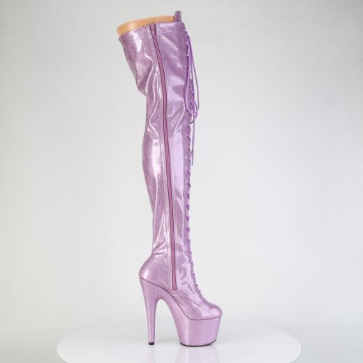 Product image of Pleaser ADORE-3020GP Lilac Glitter Pat/M 7 Inch Heel 2 3/4 Inch PF Lace-Up Front Thigh Boot Side Zip