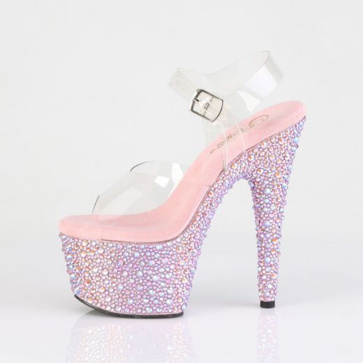Product image of Pleaser BEJEWELED-708MS Clr/B. Pink Multi RS 7 Inch Heel 2 3/4 Inch PF Ankle Strap Sandal w/Multi Sized RS