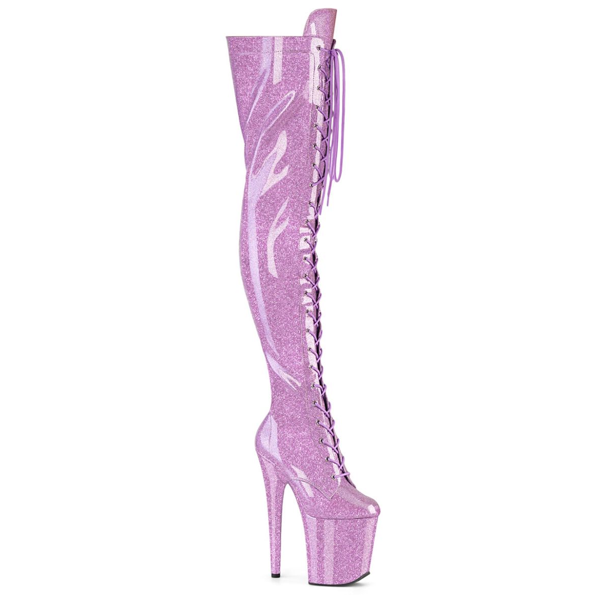 Product image of Pleaser FLAMINGO-3020GP Lilac Glitter Pat/M 8 Inch Heel 4 Inch PF Lace-Up Thigh Boot Side Zip