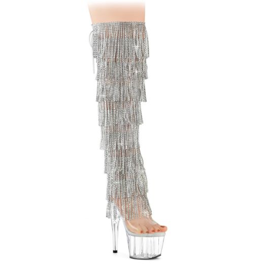 Product image of Pleaser ADORE-3019C-RSF Clr-Slv/Clr 7 Inch Heel 2 3/4 Inch PF 8-Layer Fringe OTK Boot Side Zip