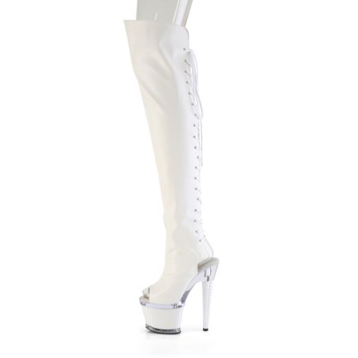 Product image of Pleaser SPECTATOR-3030 Wht Faux Leather/Clr-Wht Matte 7 Inch Heel 3 Inch Textured PF Lace-Up Back Thigh Boot Side Zip