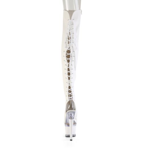 Product image of Pleaser SPECTATOR-3030 Wht Faux Leather/Clr-Wht Matte 7 Inch Heel 3 Inch Textured PF Lace-Up Back Thigh Boot Side Zip