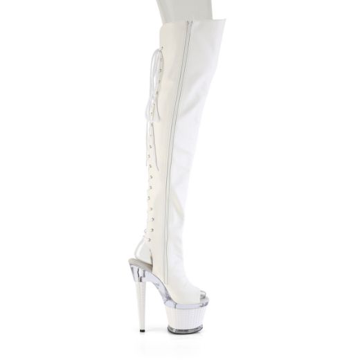 Product image of Pleaser SPECTATOR-3030 Wht Faux Leather/Clr-Wht Matte 7 Inch Heel 3 Inch Textured PF Lace-Up Back Thigh Boot Side Zip