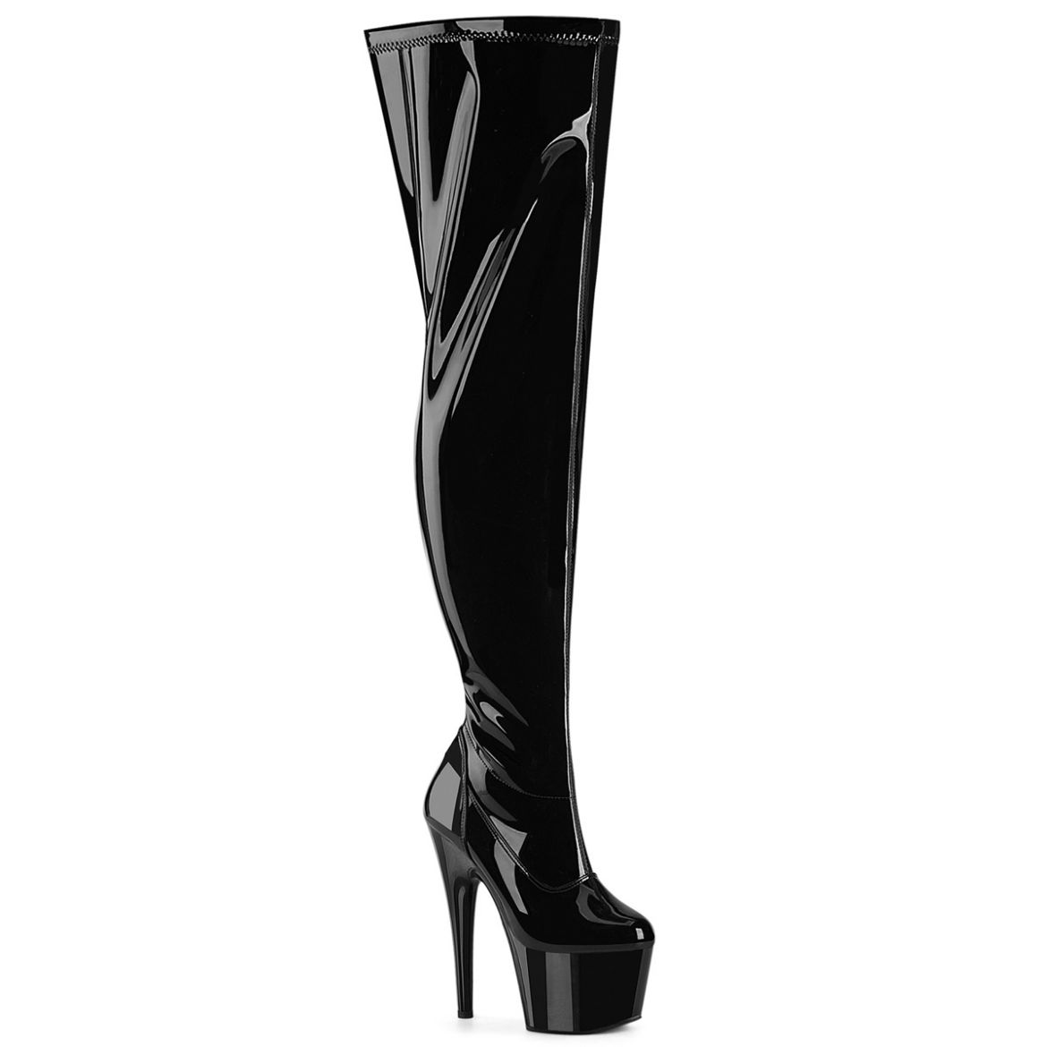Product image of Pleaser ADORE-3000WCF Blk Str. Pat/Blk 7 Inch Heel 2 3/4 Inch PF Wide Calf Stretch Thigh Boot Side Zip