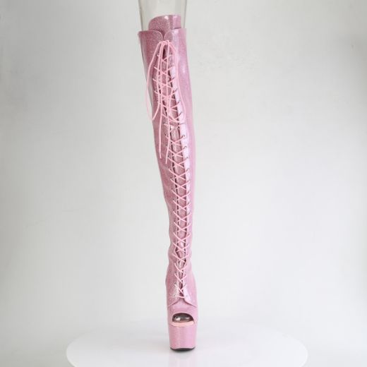 Product image of Pleaser ADORE-3021GP B. Pink Glitter Pat/M 7 Inch Heel 2 3/4 Inch PF Peep Toe Lace-Up Thigh Boot Side Zip