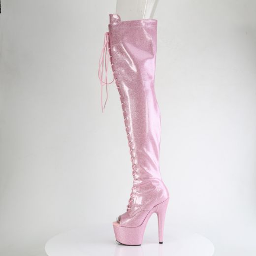 Product image of Pleaser ADORE-3021GP B. Pink Glitter Pat/M 7 Inch Heel 2 3/4 Inch PF Peep Toe Lace-Up Thigh Boot Side Zip