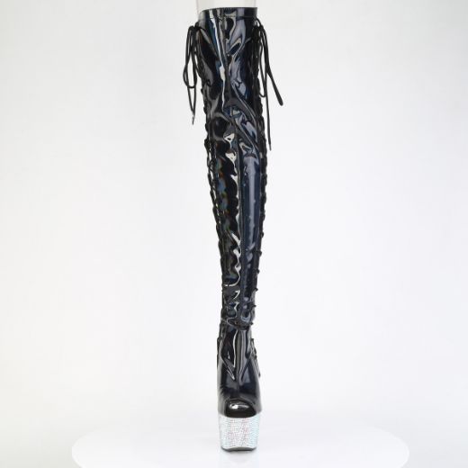 Product image of Pleaser BEJEWELED-3052HG-7 Blk Holo Pat/Slv Multi RS 7 Inch Heel 2 3/4 Inch PF Open Toe/Back Side Lace Thigh Boot w/RS