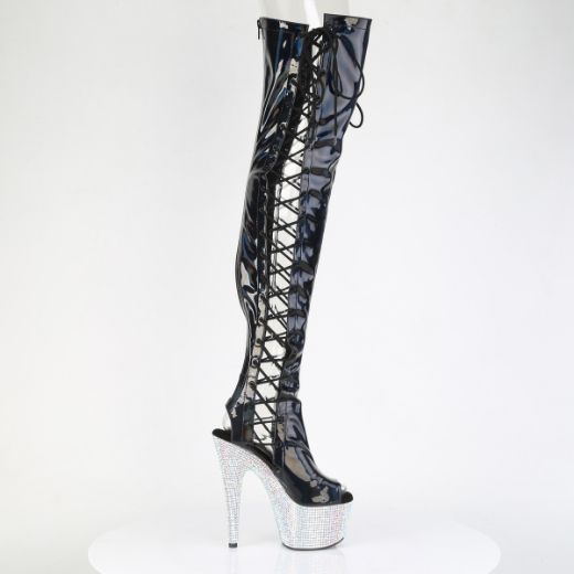 Product image of Pleaser BEJEWELED-3052HG-7 Blk Holo Pat/Slv Multi RS 7 Inch Heel 2 3/4 Inch PF Open Toe/Back Side Lace Thigh Boot w/RS