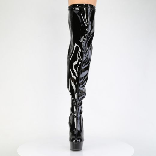 Product image of Pleaser DELIGHT-3000WCF Blk Str. Pat/Blk 6 Inch  Heel 1 3/4 Inch PF Wide Calf Stretch Thigh Boot Side Zip