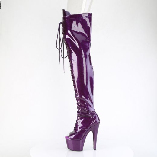 Product image of Pleaser ADORE-3021GP Purple Glitter Pat/M 7 Inch Heel 2 3/4 Inch PF Peep Toe Lace-Up Thigh Boot Side Zip