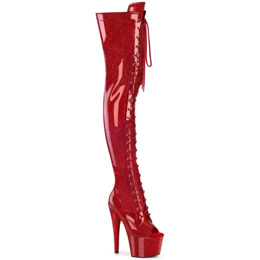 Product image of Pleaser ADORE-3021GP Red Glitter Pat/M 7 Inch Heel 2 3/4 Inch PF Peep Toe Lace-Up Thigh Boot Side Zip