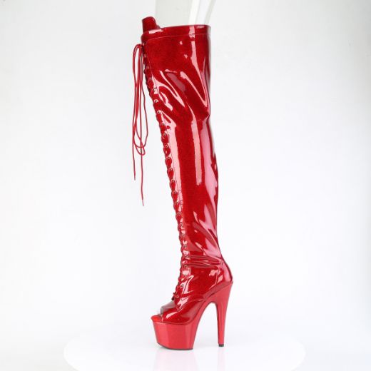 Product image of Pleaser ADORE-3021GP Red Glitter Pat/M 7 Inch Heel 2 3/4 Inch PF Peep Toe Lace-Up Thigh Boot Side Zip