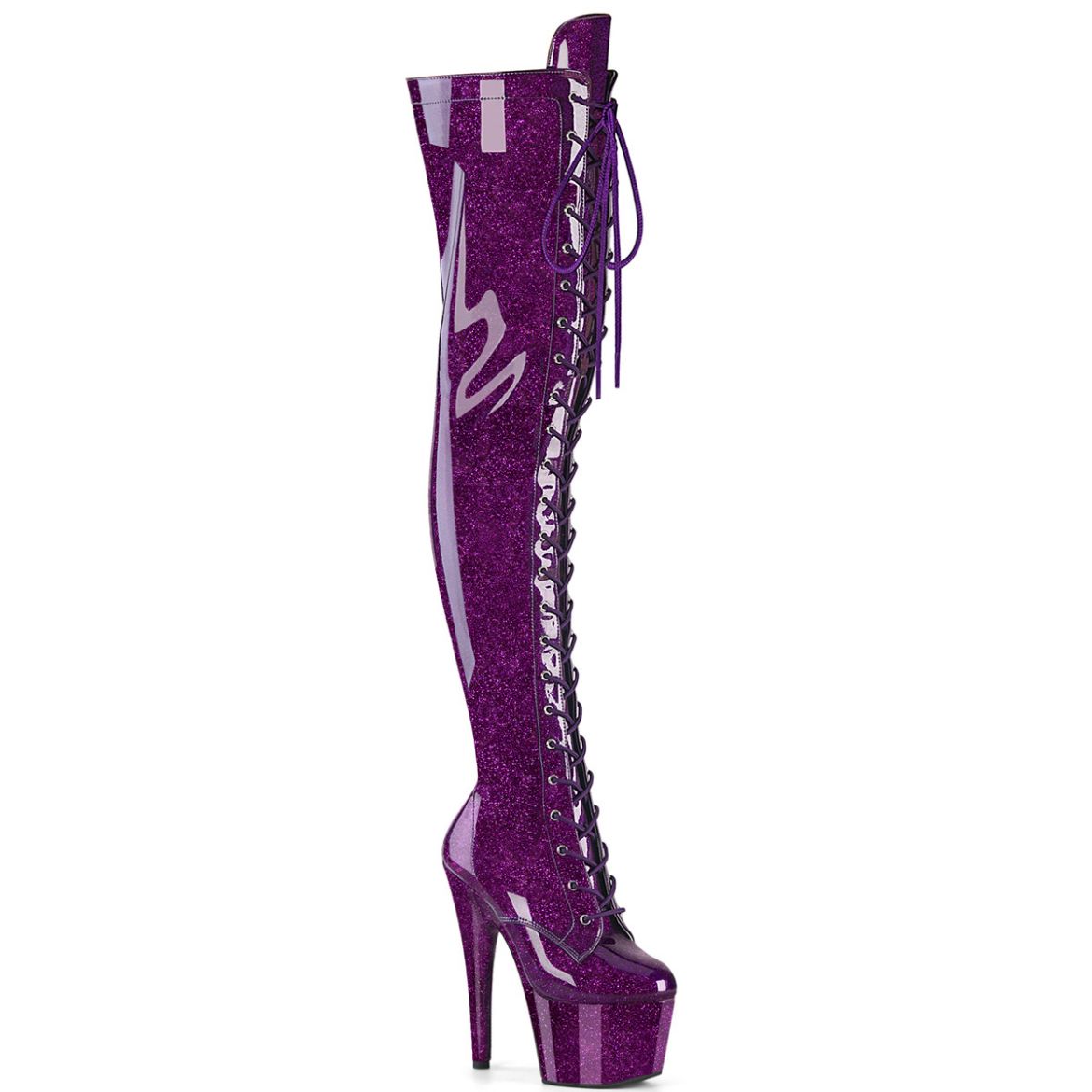 Product image of Pleaser ADORE-3020GP Purple Glitter Pat/M 7 Inch Heel 2 3/4 Inch PF Lace-Up Stretch Thigh Boot Side Zip