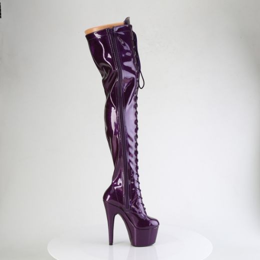 Product image of Pleaser ADORE-3020GP Purple Glitter Pat/M 7 Inch Heel 2 3/4 Inch PF Lace-Up Stretch Thigh Boot Side Zip