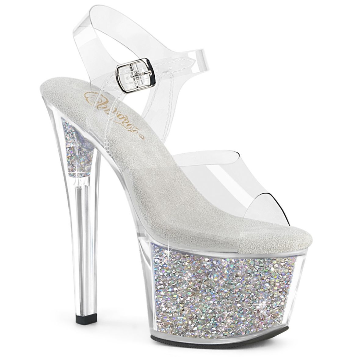 Product image of Pleaser SKY-308RSI Clr/Clr-Slv AB RS 7 Inch Heel 2 3/4 Inch PF Ankle Strap Sandal w/RS Inserts