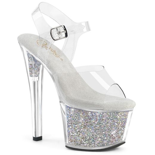Product image of Pleaser SKY-308RSI Clr/Clr-Slv AB RS 7 Inch Heel 2 3/4 Inch PF Ankle Strap Sandal w/RS Inserts