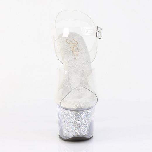Product image of Pleaser SKY-308RSI Clr/Clr-Slv AB RS 7 Inch Heel 2 3/4 Inch PF Ankle Strap Sandal w/RS Inserts
