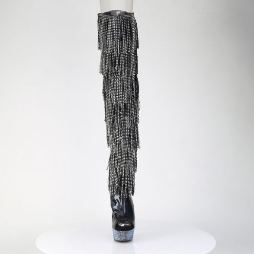 Product image of Pleaser BEJEWELED-3017HG-RSF Blk Holo Pat/Slv AB RS 6 Inch Heel 1 3/4 Inch PF 7-Layer Fringe Lace-Up Thigh Boot w/RS