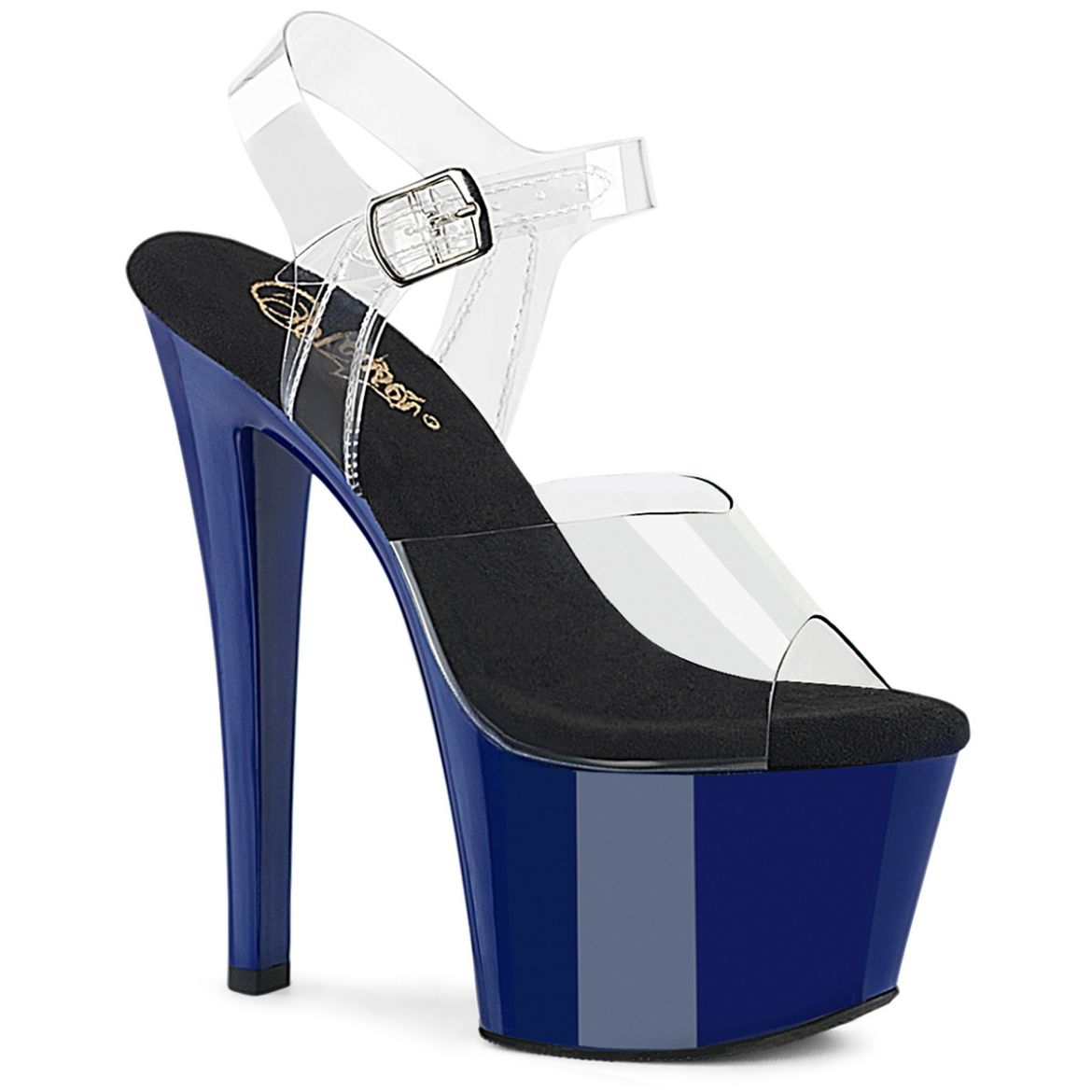 Product image of Pleaser SKY-308 Clr/Royal Blue 7 Inch Heel 2 3/4 Inch PF Ankle Strap Sandal