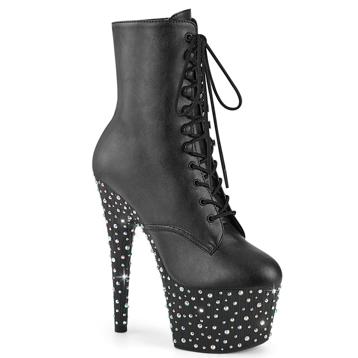Product image of Pleaser STARDANCE-1020 Blk Faux Leather/Blk-Slv Multi RS 7 Inch Heel 2 3/4 Inch PF Lace-Up Front Ankle Boot Side Zip