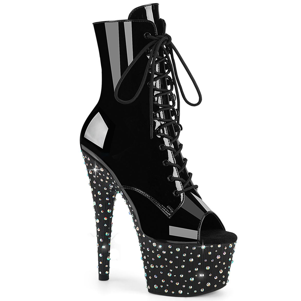 Product image of Pleaser STARDANCE-1021 Blk Pat/Blk-Slv Multi RS 7 Inch Heel 2 3/4 Inch PF Peep Toe Lace-Up Ankle Boot Side Zip