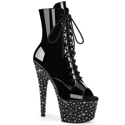 Product image of Pleaser STARDANCE-1021 Blk Pat/Blk-Slv Multi RS 7 Inch Heel 2 3/4 Inch PF Peep Toe Lace-Up Ankle Boot Side Zip