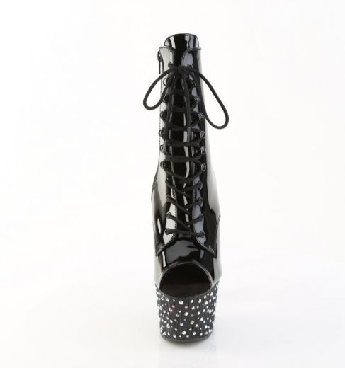Product image of Pleaser STARDANCE-1021 Blk Pat/Blk-Slv Multi RS 7 Inch Heel 2 3/4 Inch PF Peep Toe Lace-Up Ankle Boot Side Zip