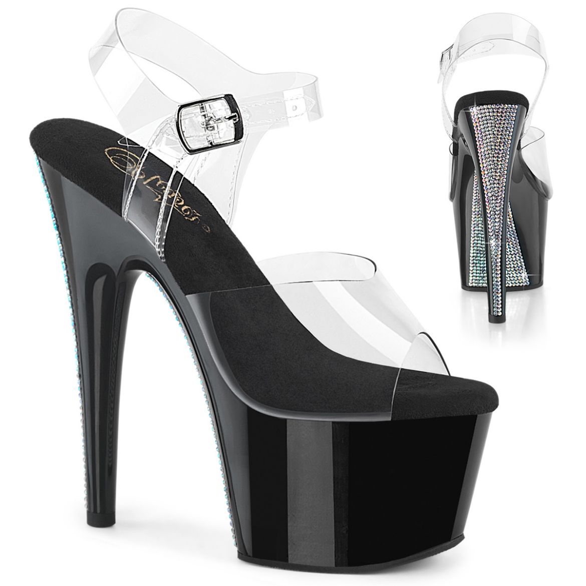 Product image of Pleaser ADORE-708CRS-2 Clr/Blk-Slv RS 7 Inch Heel 2 3/4 Inch PF Ankle Strap Sandal