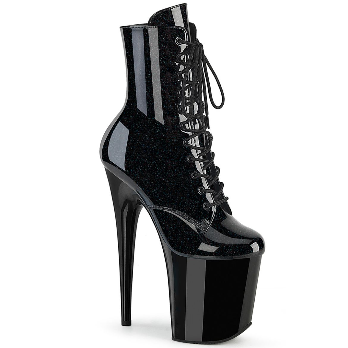 Product image of Pleaser FLAMINGO-1020BLG Blk Pat-Blue Glitter/Blk 8 Inch Heel 4 Inch PF Lace-Up Front Ankle Boot Side Zip