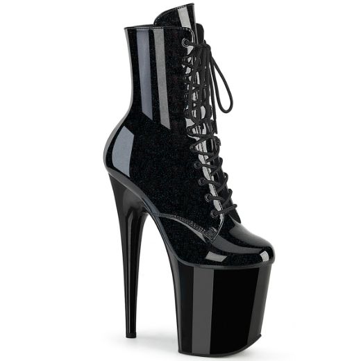 Product image of Pleaser FLAMINGO-1020BLG Blk Pat-Blue Glitter/Blk 8 Inch Heel 4 Inch PF Lace-Up Front Ankle Boot Side Zip