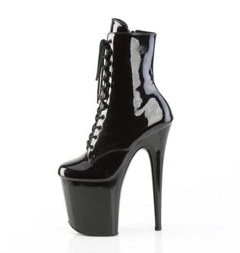 Product image of Pleaser FLAMINGO-1020BLG Blk Pat-Blue Glitter/Blk 8 Inch Heel 4 Inch PF Lace-Up Front Ankle Boot Side Zip