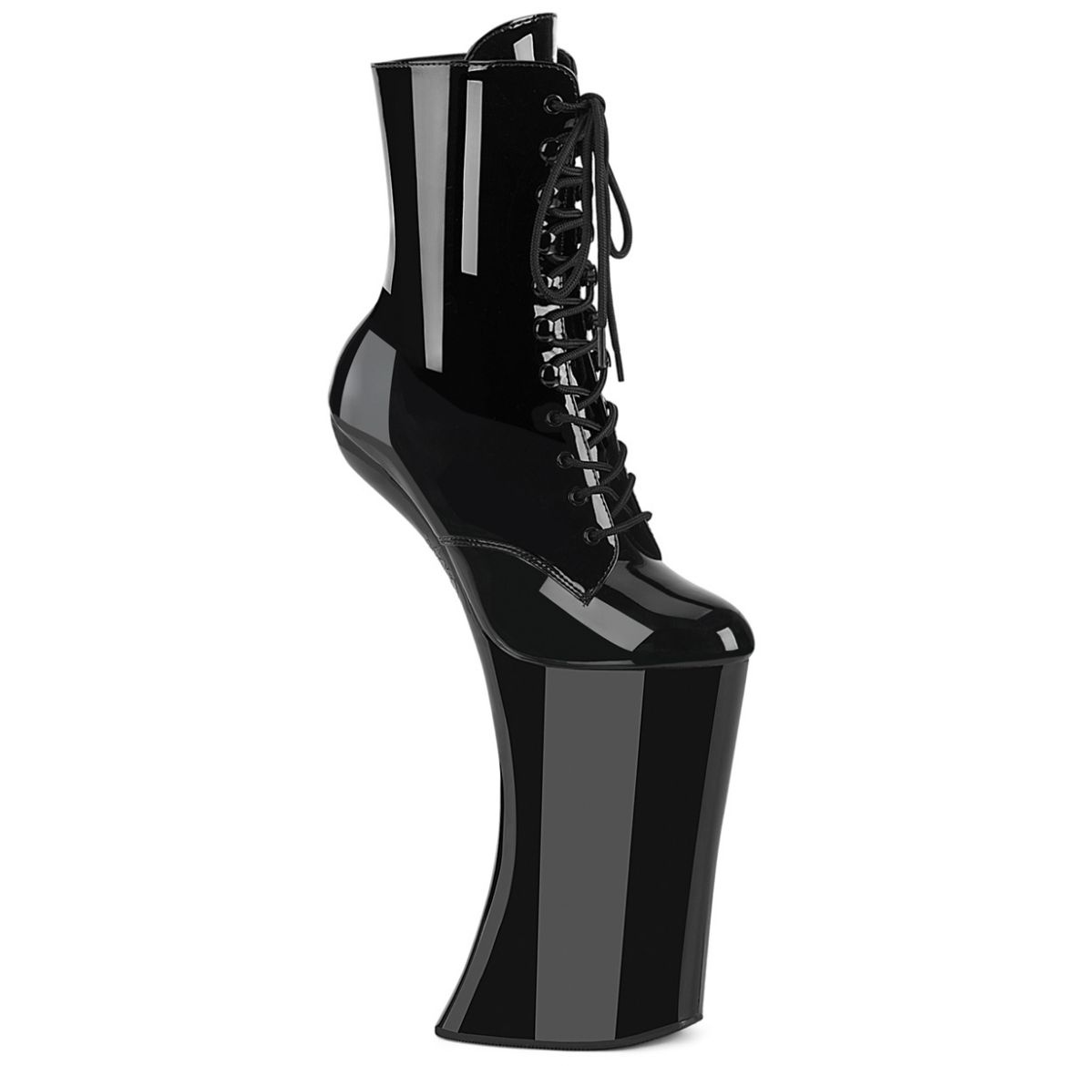 Product image of Pleaser FORBIDDEN-1020 Blk Pat/Blk 11 Inch Heelless 6 1/4 Inch PF Lace-Up Front Ankle Boot Inside Zip