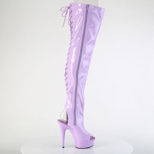 Product image of Pleaser DELIGHT-3017 Lavender Str. Pat/Lavender 6 Inch Heel 1 3/4 Inch PF Open Toe/Heel Thigh High Boot Side Zip