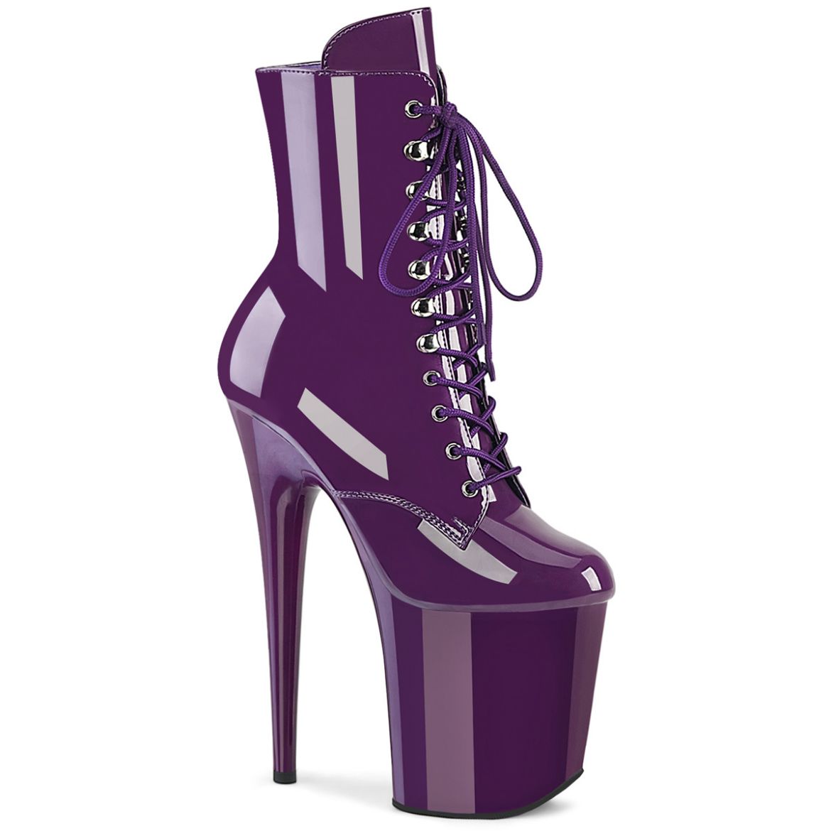 Product image of Pleaser FLAMINGO-1020 Purple Pat/Purple 8 Inch Heel 4 Inch PF Lace-Up Ankle Boot Side Zip