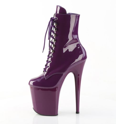 Product image of Pleaser FLAMINGO-1020 Purple Pat/Purple 8 Inch Heel 4 Inch PF Lace-Up Ankle Boot Side Zip