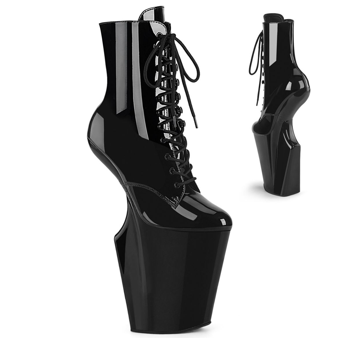 Product image of Pleaser WORSHIP-1020 Blk Pat/Blk 10 Inch Heelless 4 3/4 Inch PF Lace-Up Front Ankle Boot Inside Zip